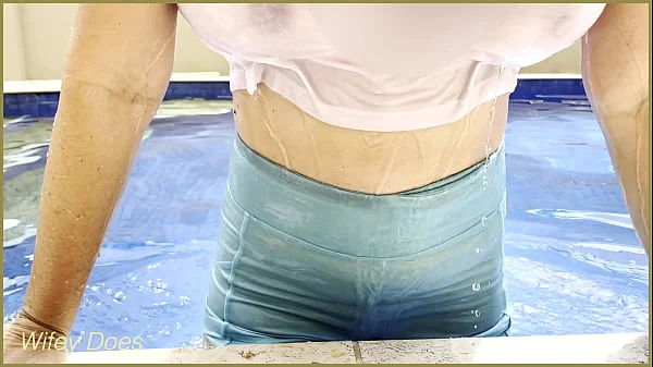 Amazing hot wife in Wet T-shirt in the hotel Pool | Risky public exhibitionist
