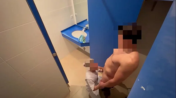 I surprise the gym cleaning girl who when she comes in to clean the toilet she catches me jerking off and helps me finish cumming with a blowjob