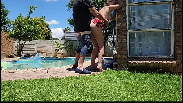 Helping my neighbors wife with her swimming pool,,standing outdoor upskirt fuck