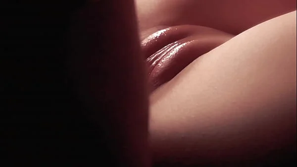 Shaking a dick on her pussy like a vibrator, close-up pussyfucking